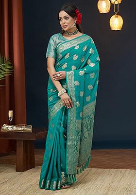 Blue Zari Woven Georgette Saree Set