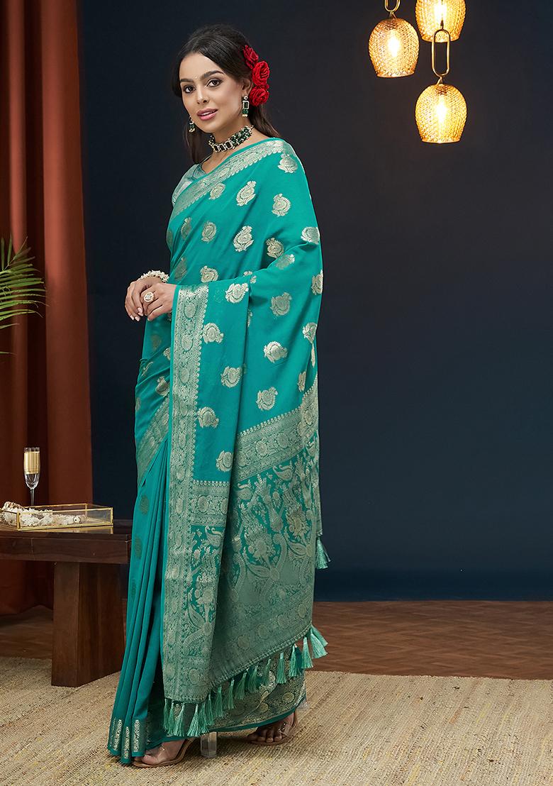 Blue Zari Woven Georgette Saree Set