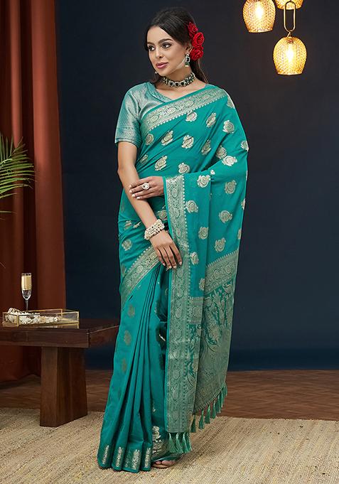 Blue Zari Woven Georgette Saree Set