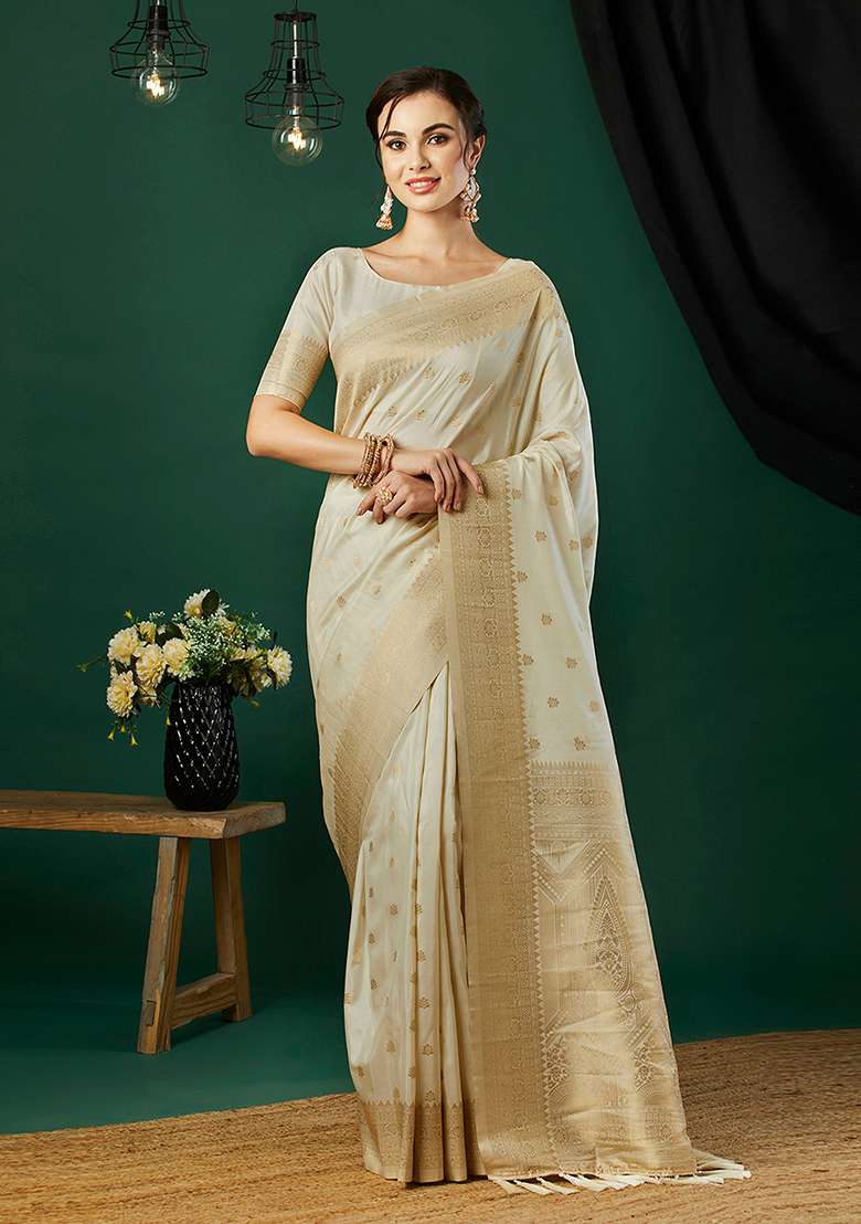 Cream Zari Woven Art Silk Saree Set - Indya