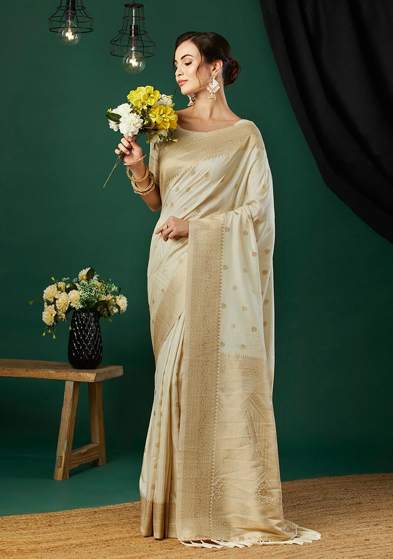Cream Zari Woven Art Silk Saree Set