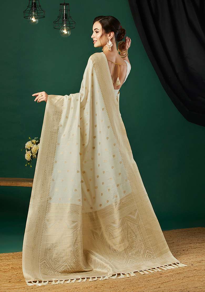 Cream Zari Woven Art Silk Saree Set - Indya