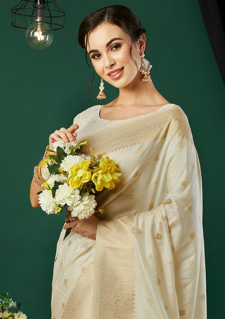 Cream Zari Woven Art Silk Saree Set