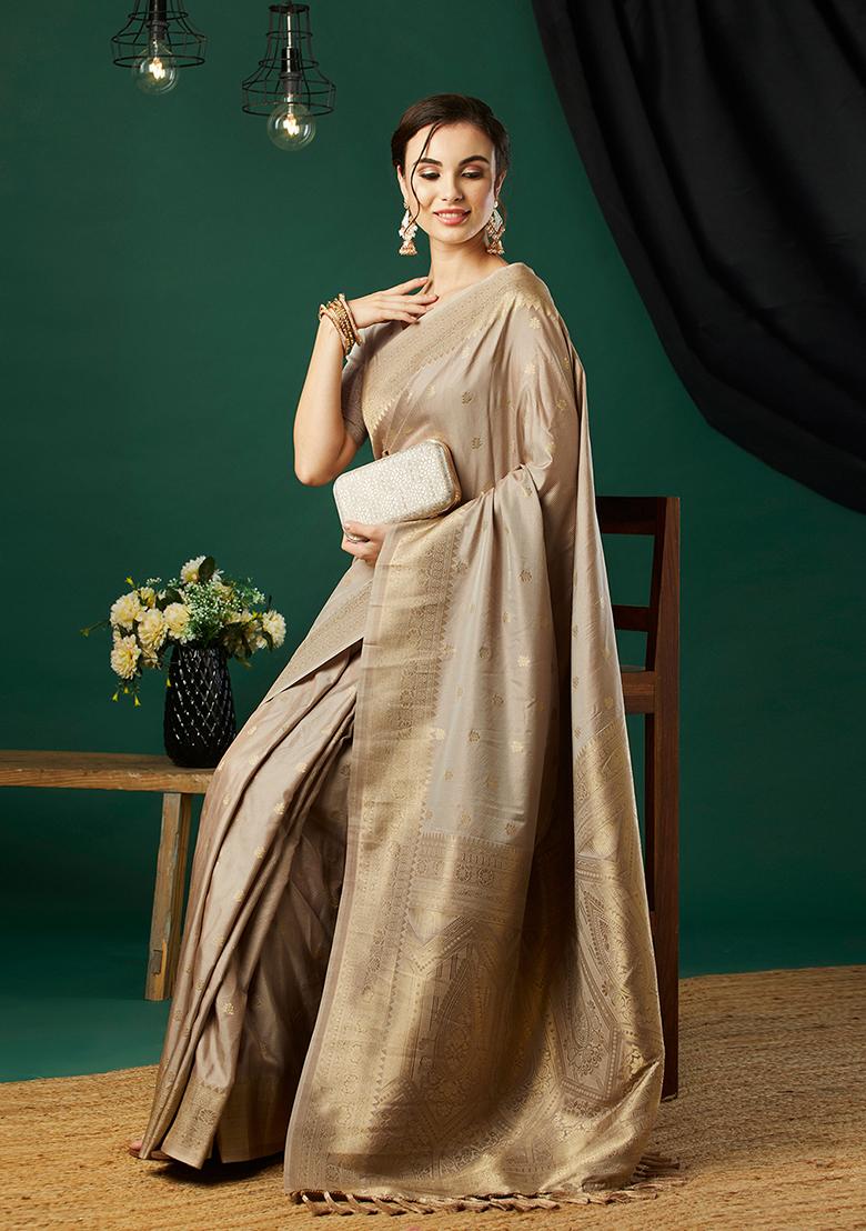 Grey Zari Woven Art Silk Saree Set
