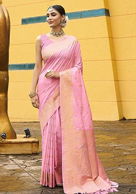 Pink Zari Woven Art Silk Saree Set
