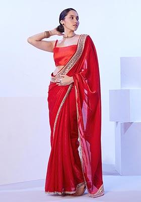 Red Weaving Poly Blend Saree Set