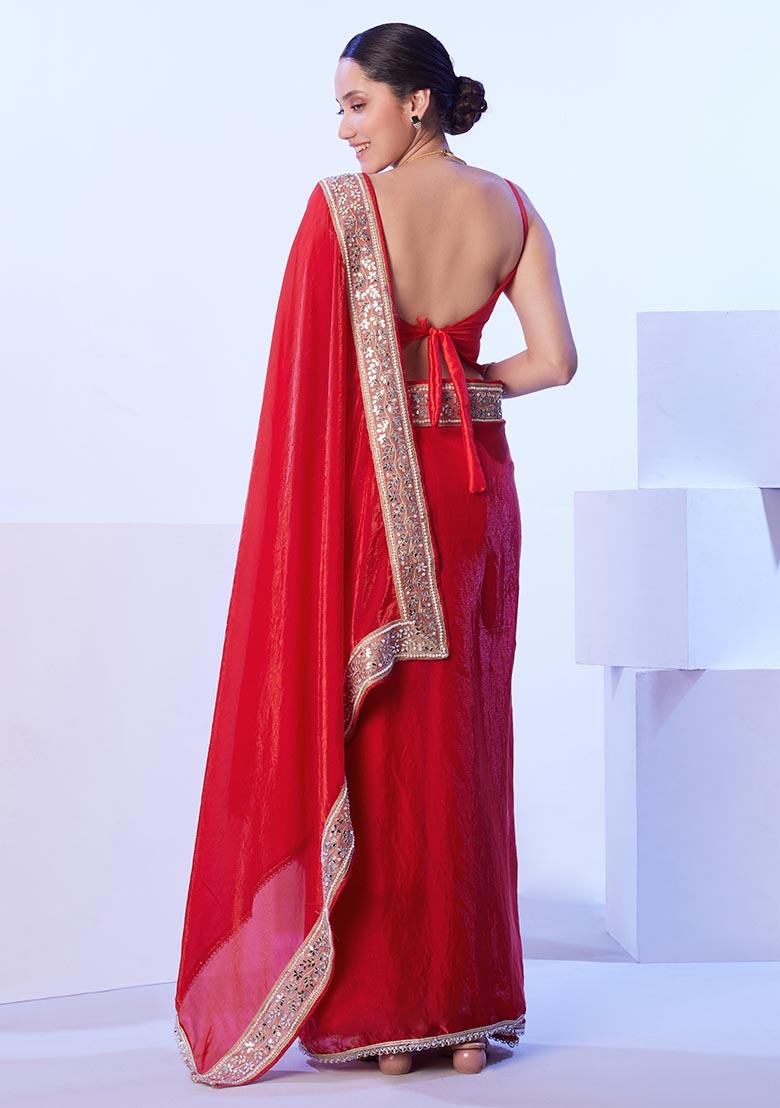 Red Weaving Poly Blend Saree Set