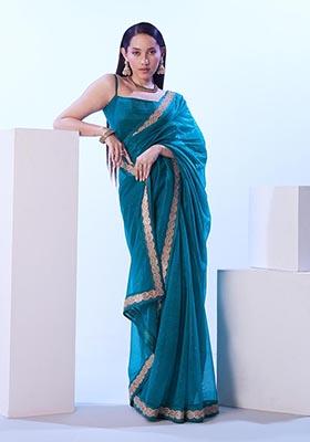 Turquoise Blue Weaving Net Saree Set
