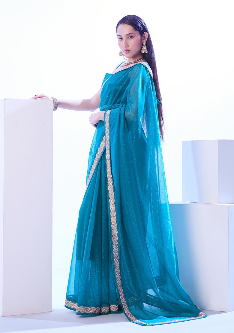 Turquoise Blue Weaving Net Saree Set