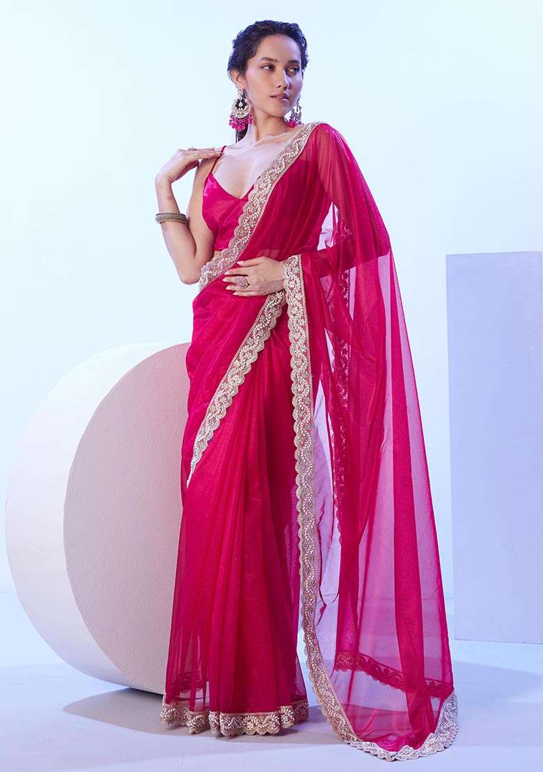 Dark Pink Weaving Net Saree Set - Indya