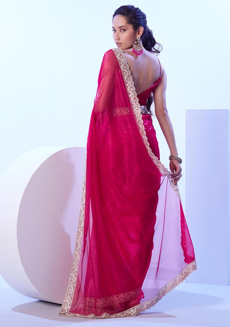 Dark Pink Weaving Net Saree Set