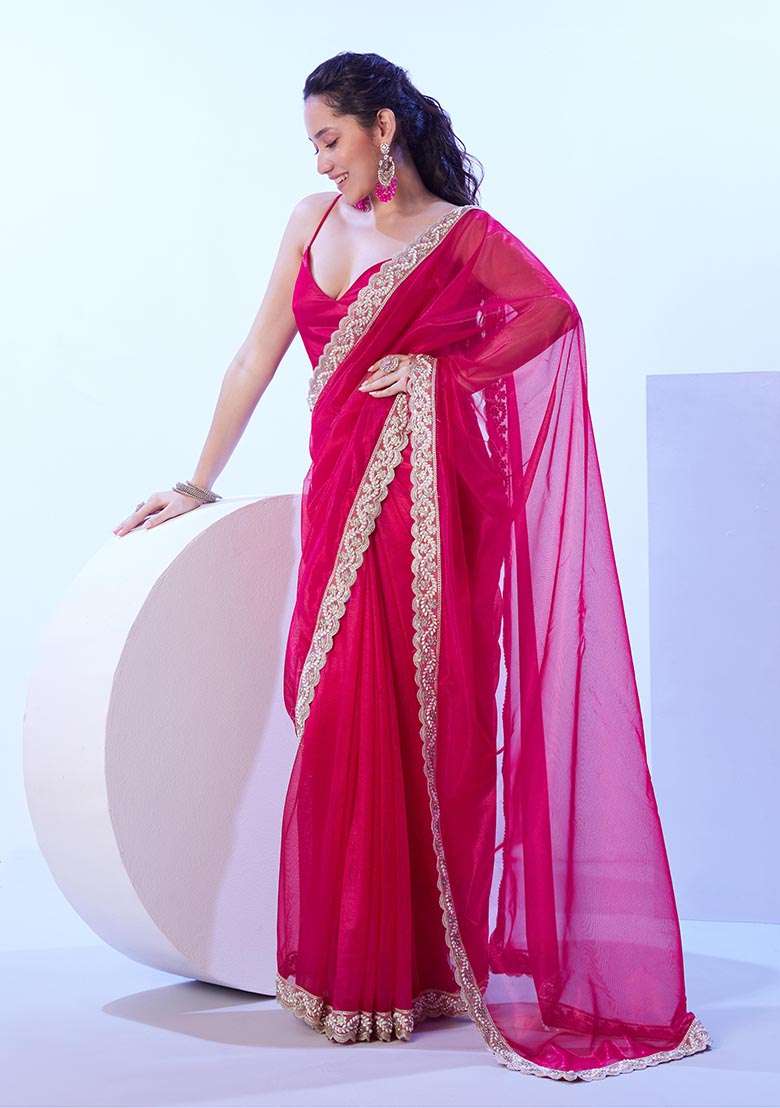 Dark Pink Weaving Net Saree Set - Indya