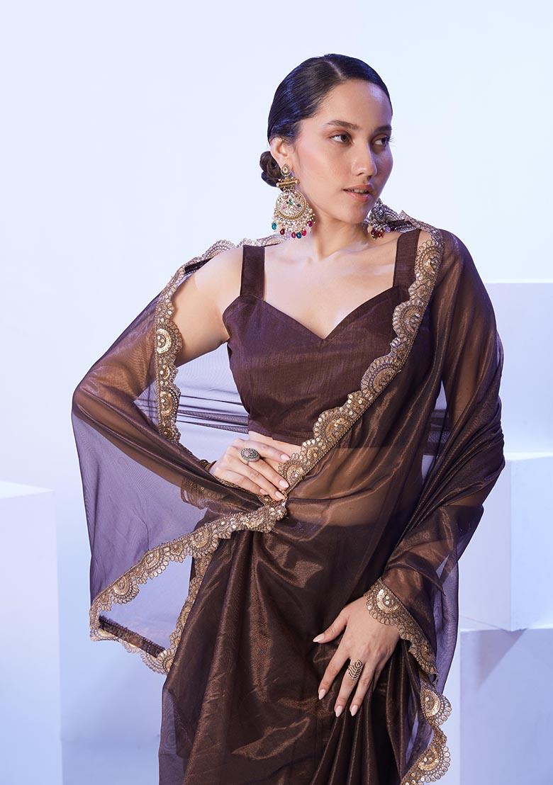 Brown Weaving Net Saree Set