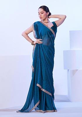 Blue Weaving Satin Saree Set