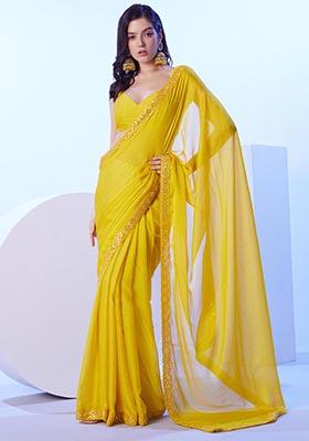 Lime Yellow Weaving Silk Saree Set