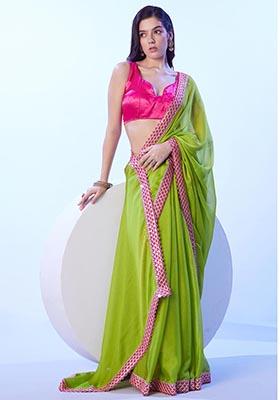 Green Weaving Poly Blend Saree Set