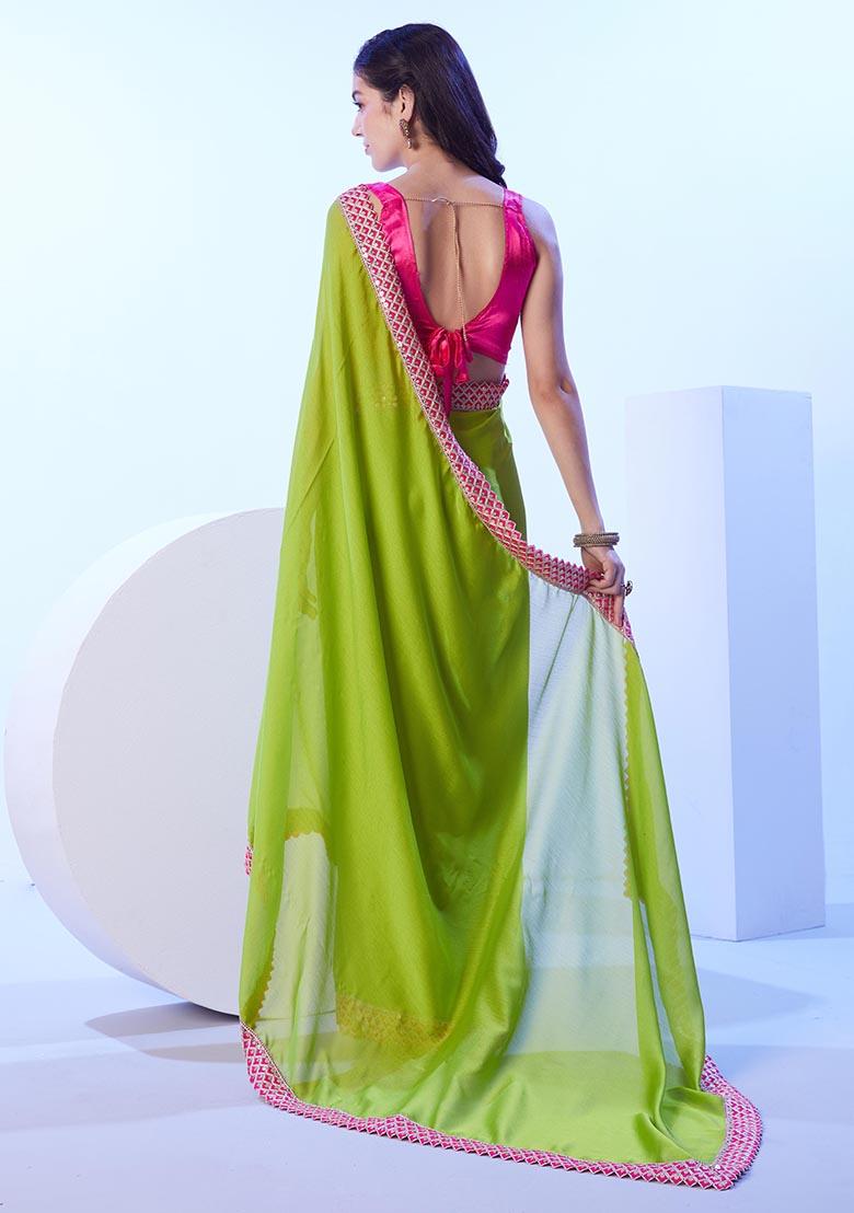 Green Weaving Poly Blend Saree Set