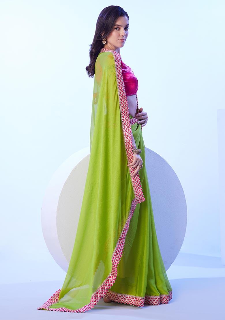 Green Weaving Poly Blend Saree Set