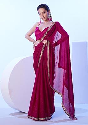 Dark Pink Weaving Satin Saree Set
