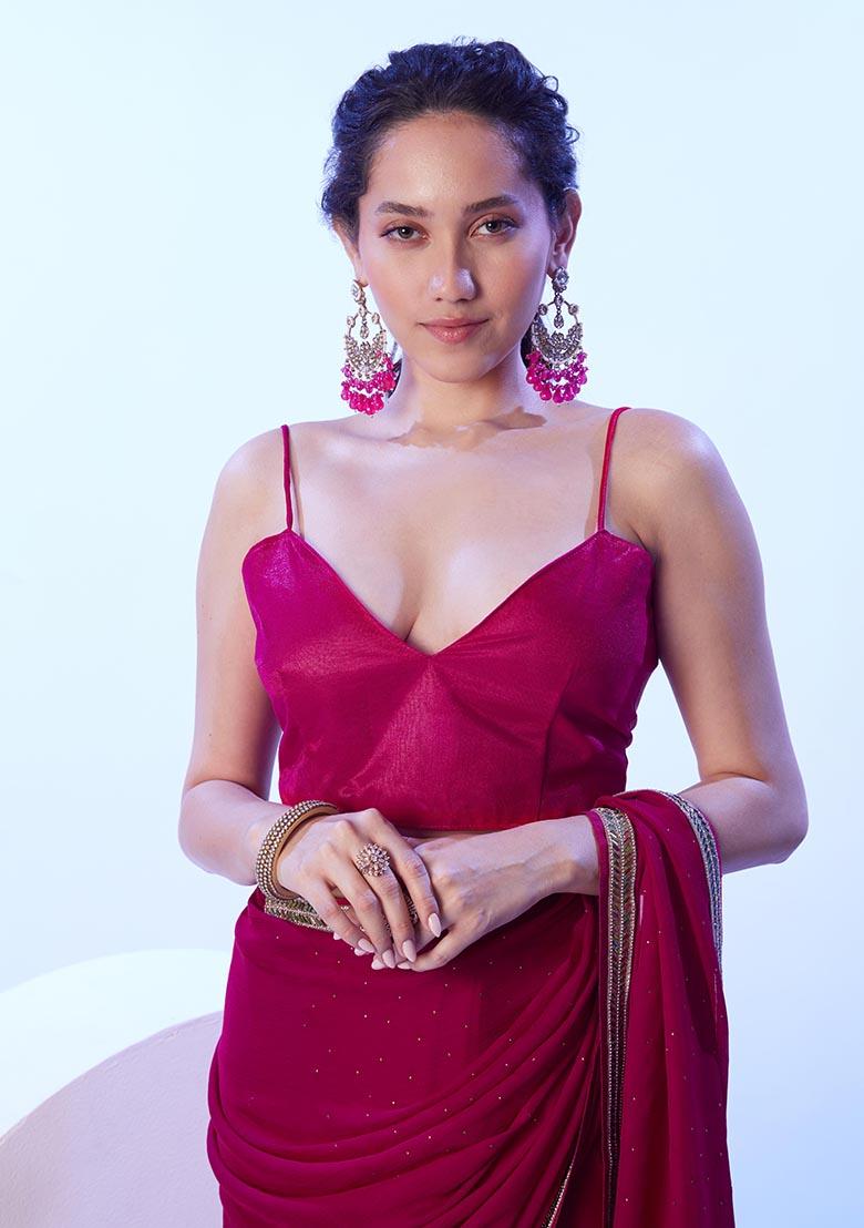 Dark Pink Weaving Satin Saree Set