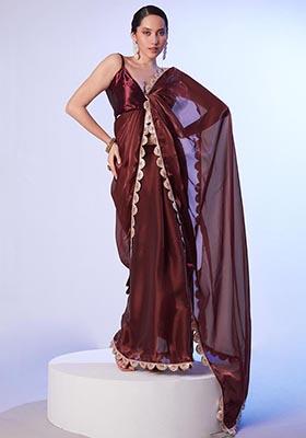Brown Weaving Satin Saree Set