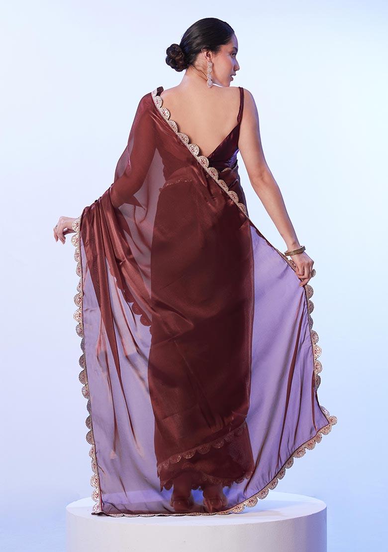 Brown Weaving Satin Saree Set