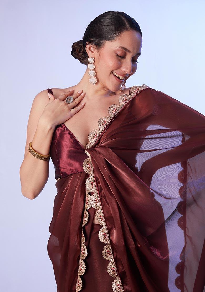 Brown Weaving Satin Saree Set