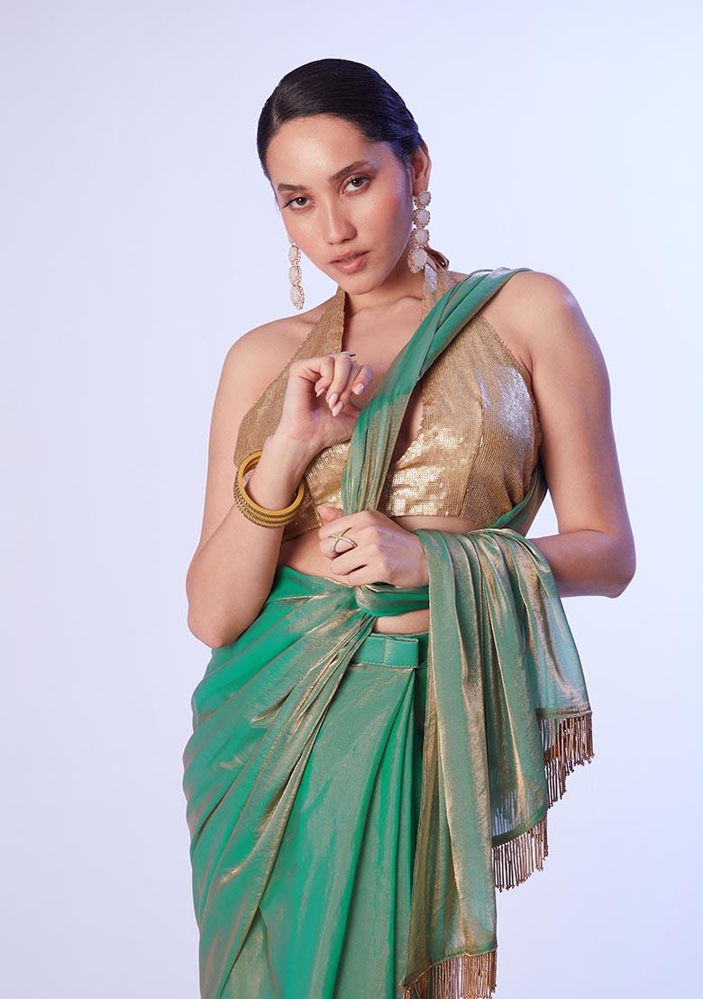 Sea Green Weaving Satin Saree Set