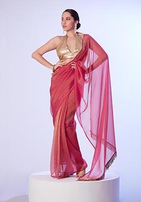 Red Weaving Satin Saree Set