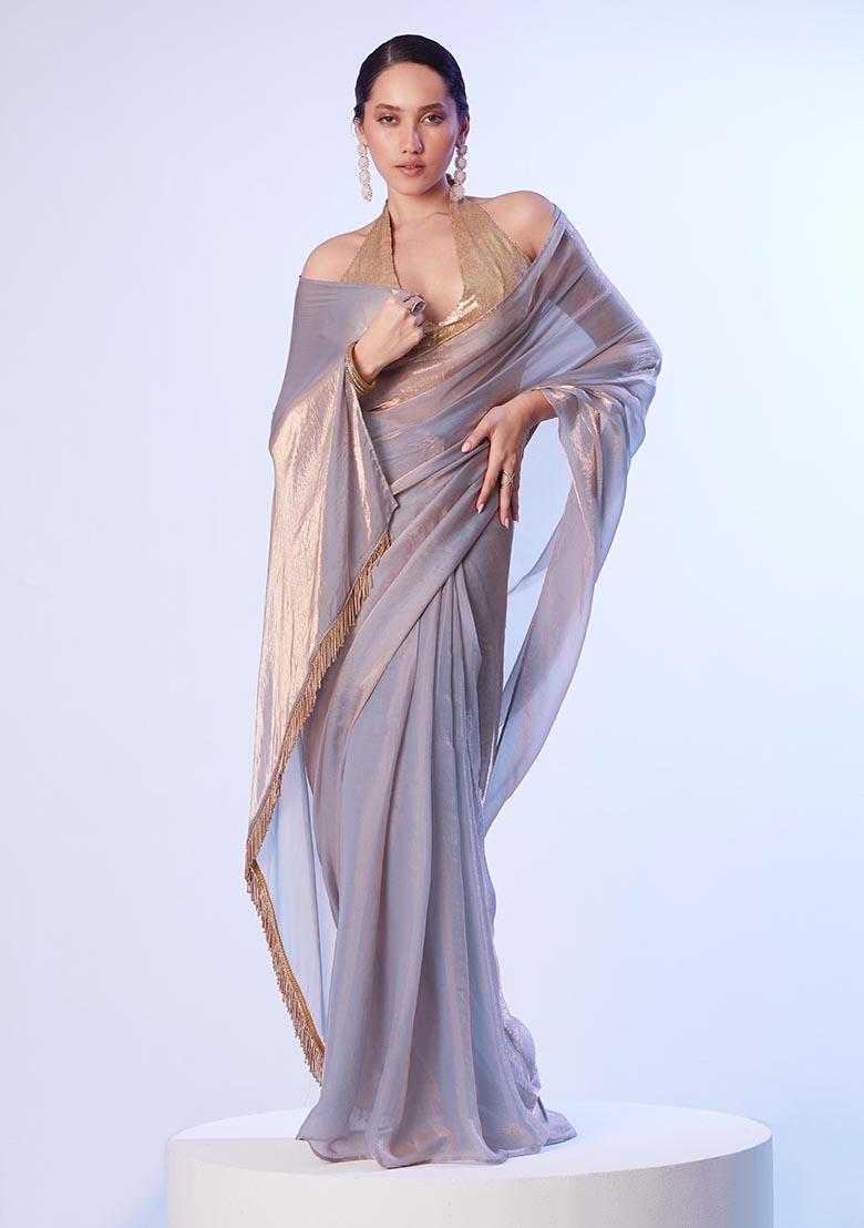 Grey Weaving Satin Saree Set