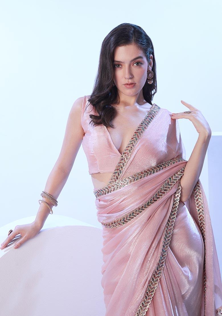 Peach Weaving Poly Blend Saree Set