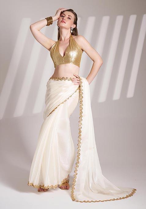Off White Weaving Organza Saree Set