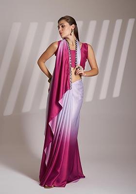 Pink Printed Chinon Saree Set