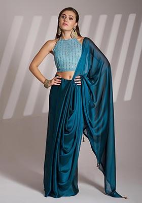 Teal Blue Weaving Satin Saree Set