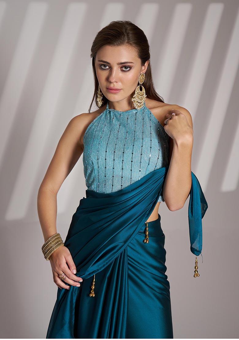 Teal Blue Weaving Satin Saree Set