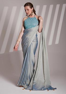 Grey Weaving Satin Saree Set