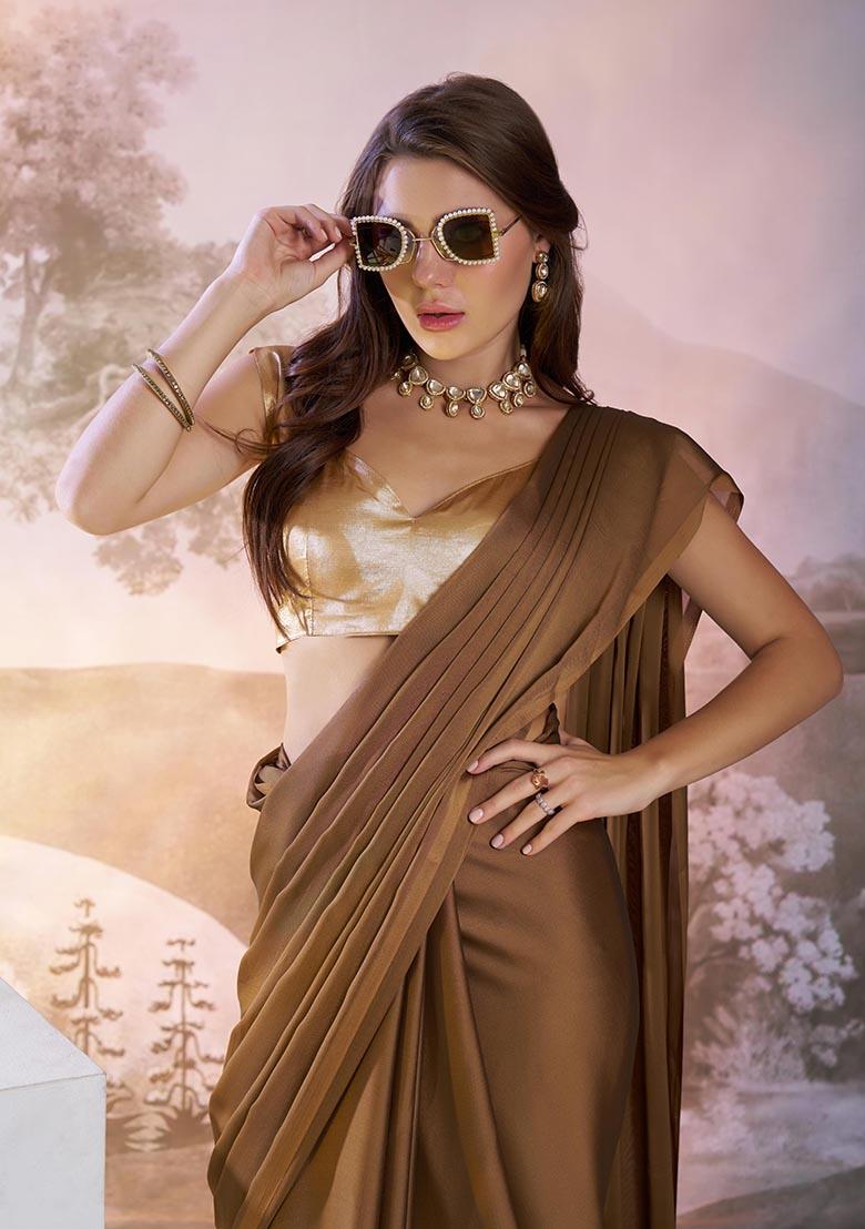 Brown Weaving Satin Saree Set