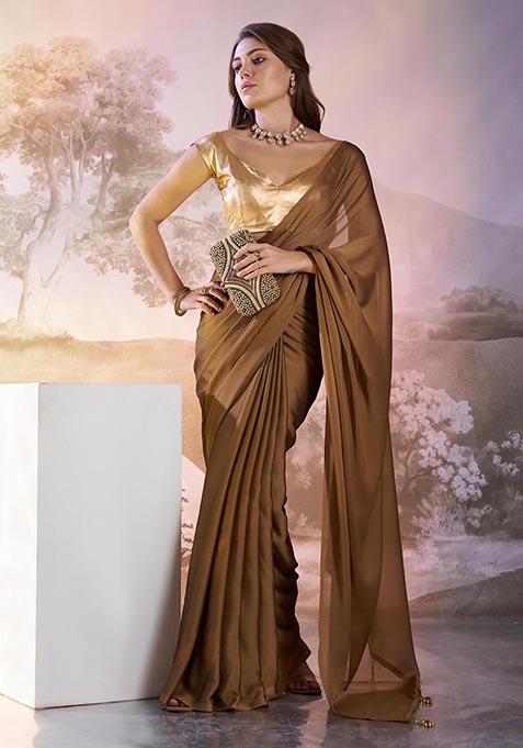 Brown Weaving Satin Saree Set