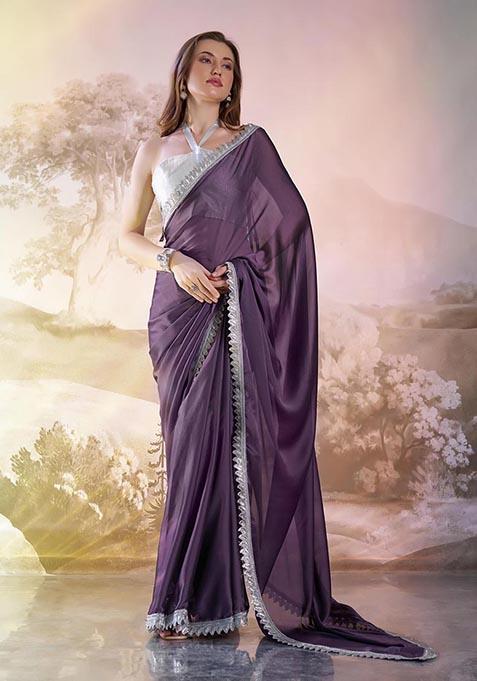 Plum Purple Weaving Satin Saree Set