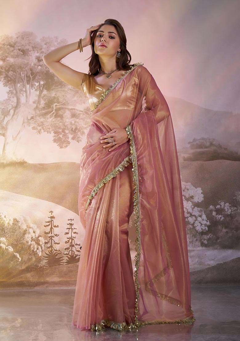 Peach Pink Weaving Net Saree Set - Indya