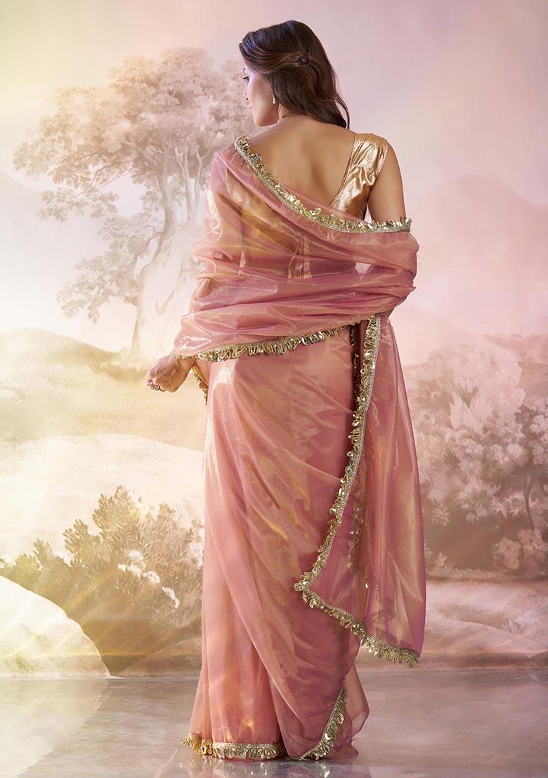 Peach Pink Weaving Net Saree Set