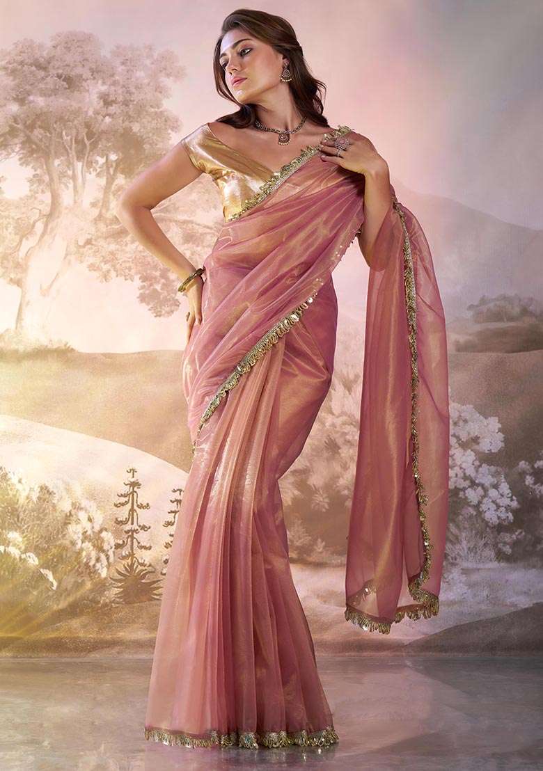 Peach Pink Weaving Net Saree Set - Indya