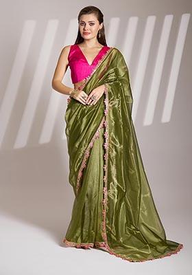 Green Weaving Net Saree Set