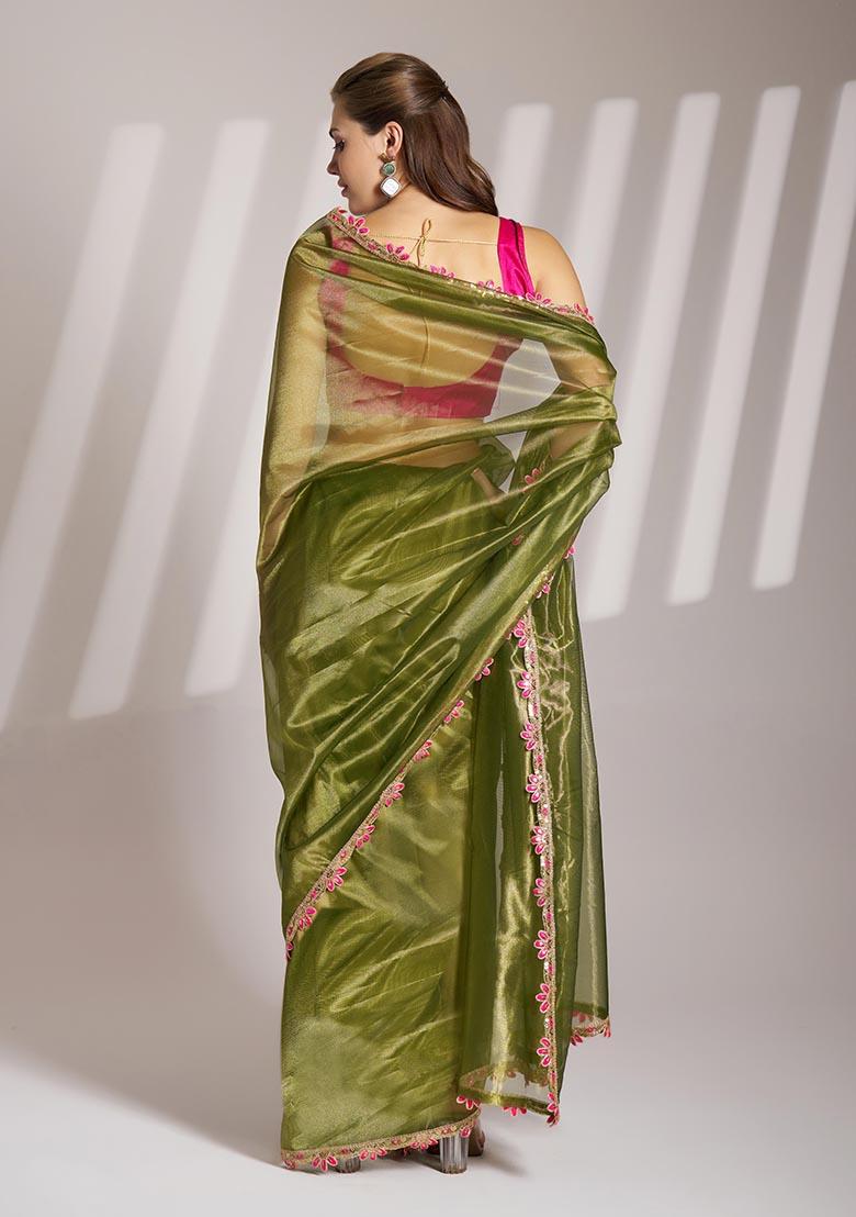 Green Weaving Net Saree Set