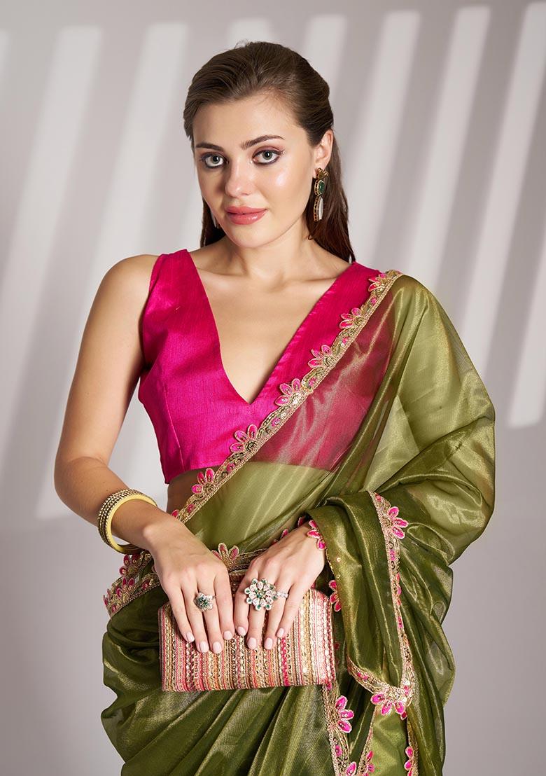 Green Weaving Net Saree Set