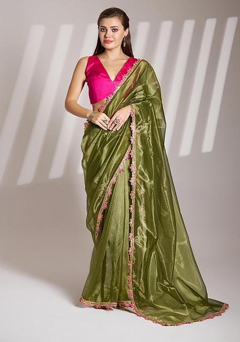 Green Weaving Net Saree Set