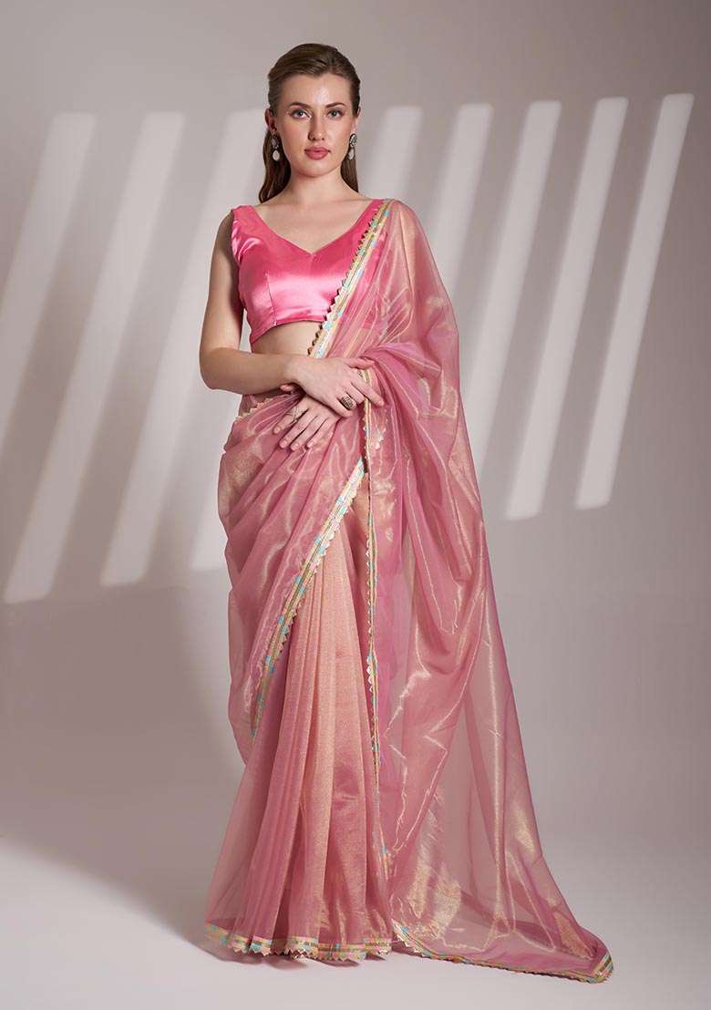 Light Pink Weaving Net Saree Set - Indya