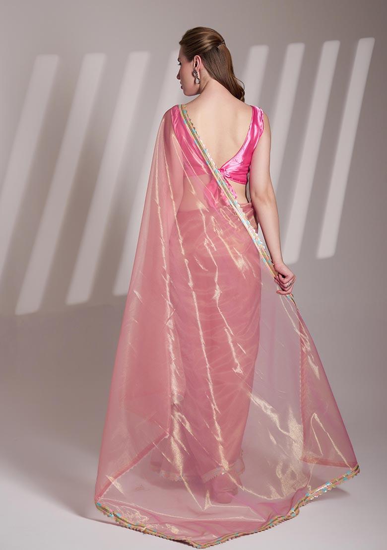 Light Pink Weaving Net Saree Set