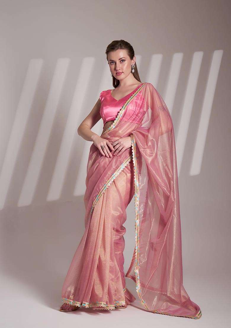Light Pink Weaving Net Saree Set - Indya
