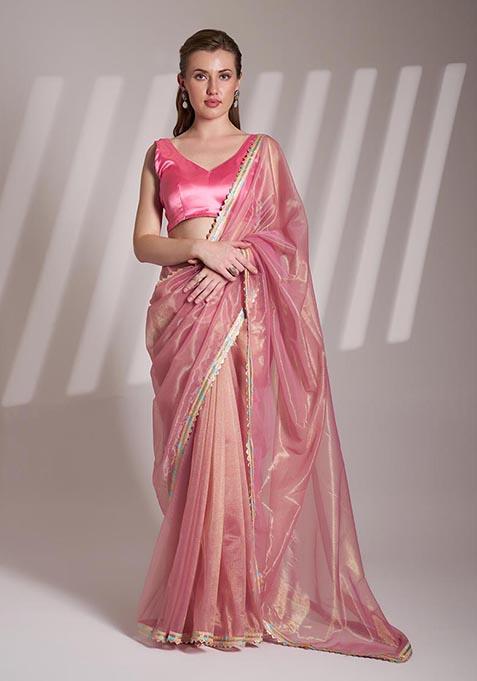 Light Pink Weaving Net Saree Set